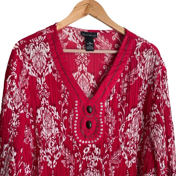 Maggie Barnes‎ Women Top 3X Red Damask Print Crinkle Beaded Dressy Mature Office - Picture 5 of 10